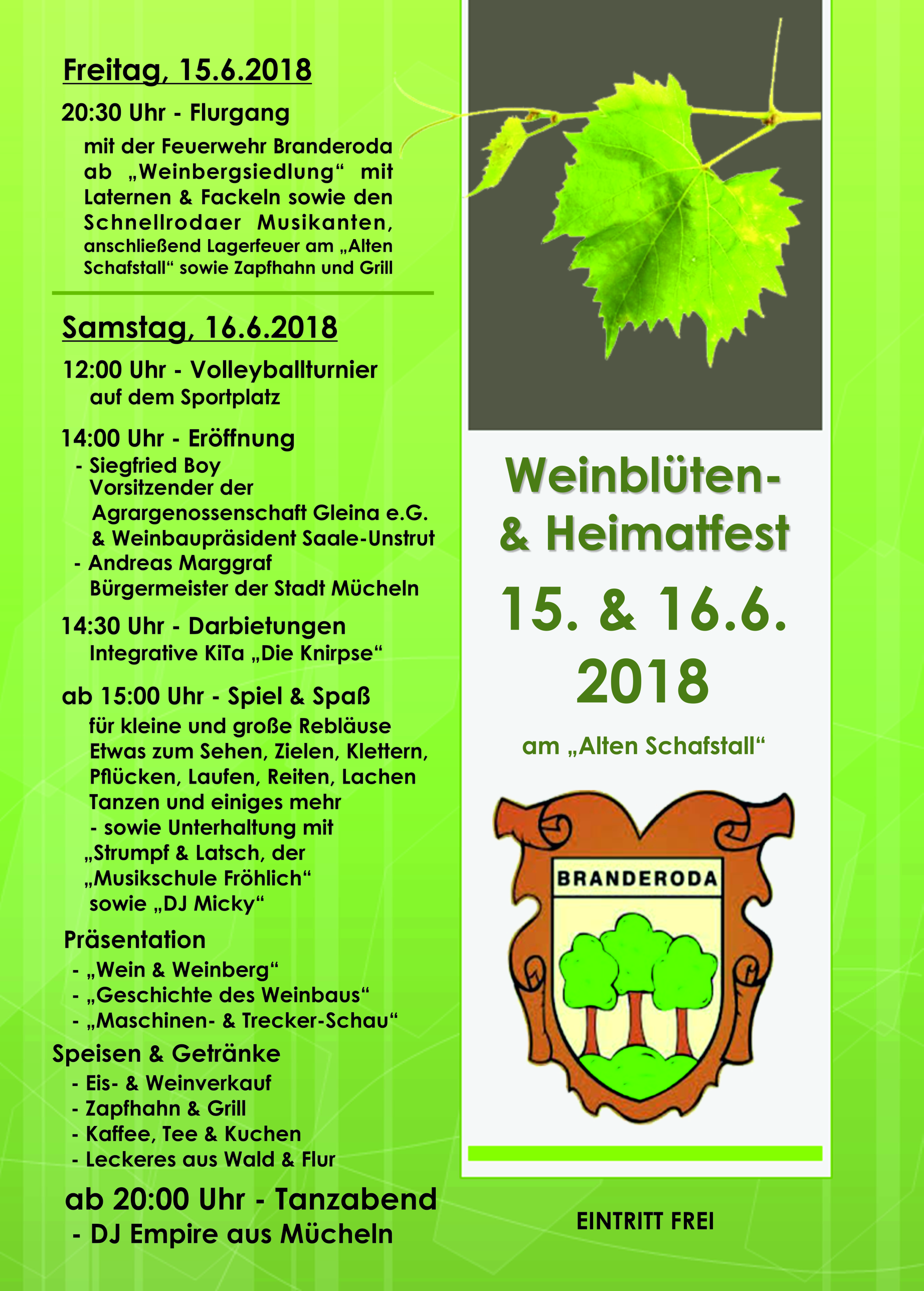 Plakat zum Weinblüten- und Heimatfest Branderoda 2018